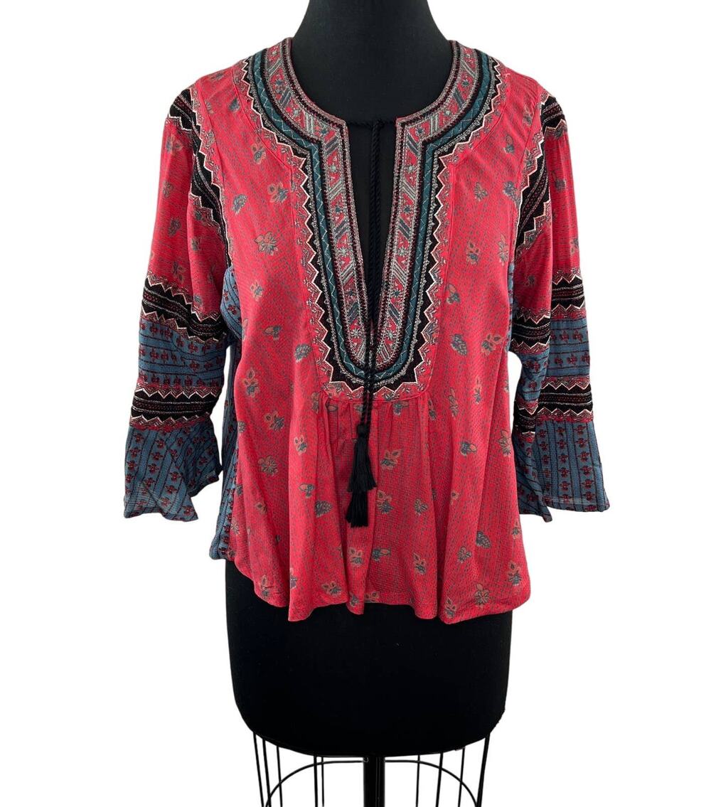 FREE PEOPLE Pink/Blue Tunic Top Embroidered Lace Long Sleeve Flare Cuff Smock XS